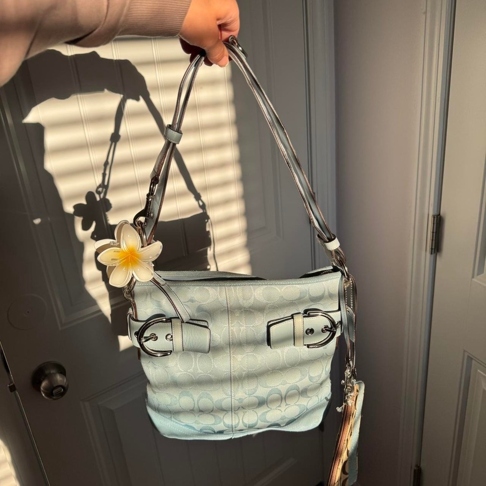 Coach blue & white monogram handbag & wristlet